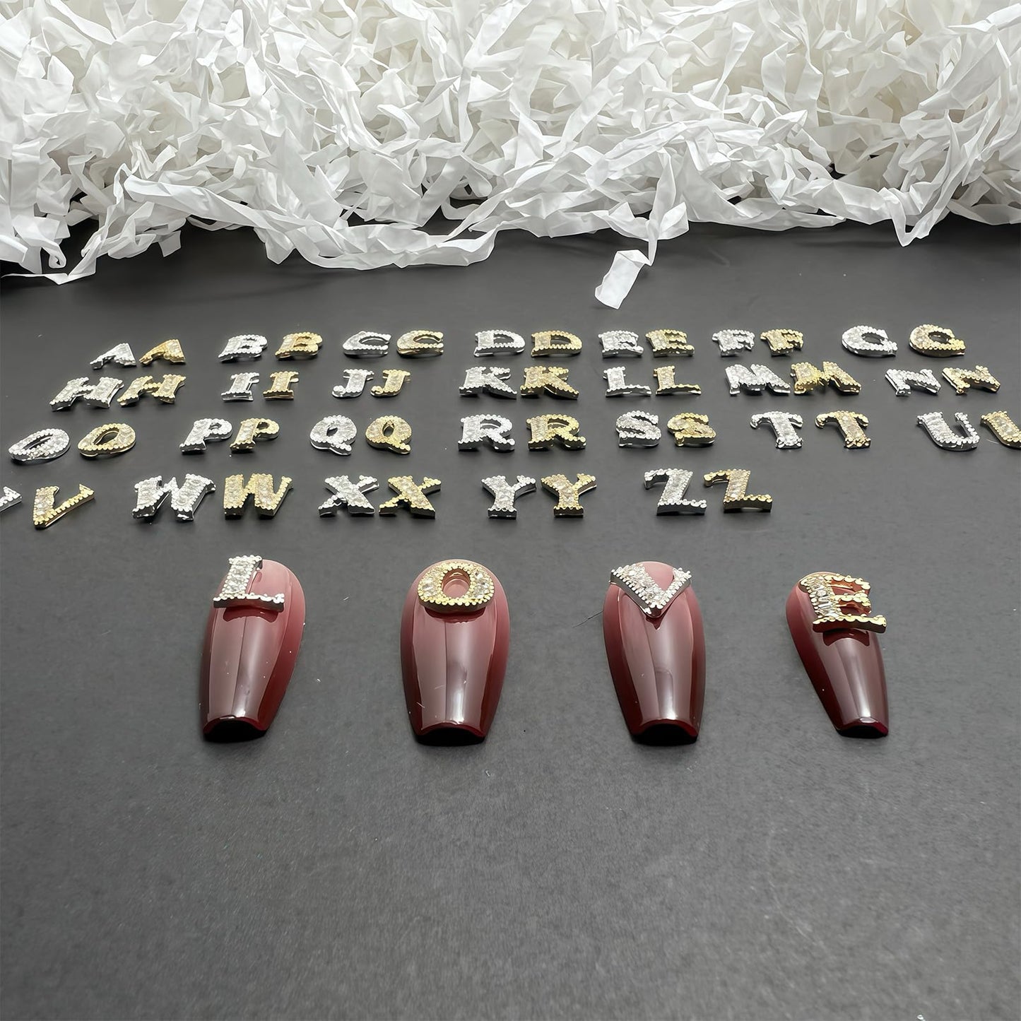 Pizadix 104 Pcs 3D Silver and Gold Nail Charms Letters Initial Charms for Nails Nail Letter Charms Alphabet Rhinestone Letter Nail Charms for Nail Art Design Decoration DIY Craft