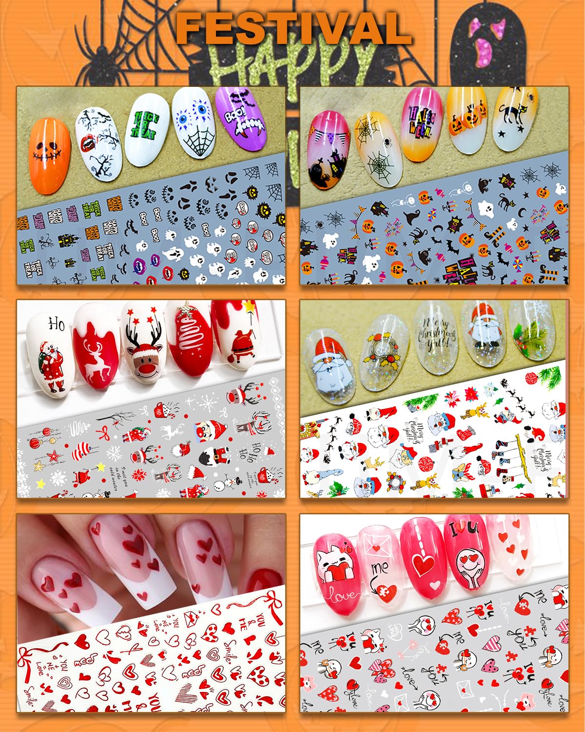 IDDFEVE 30 Sheets All Holiday Nail Art Stickers, Variety Pack Seasonal Nail Decals, Self-Adhesive Colorful Design for Daisy Flowers Butterflies Star Halloween Christmas