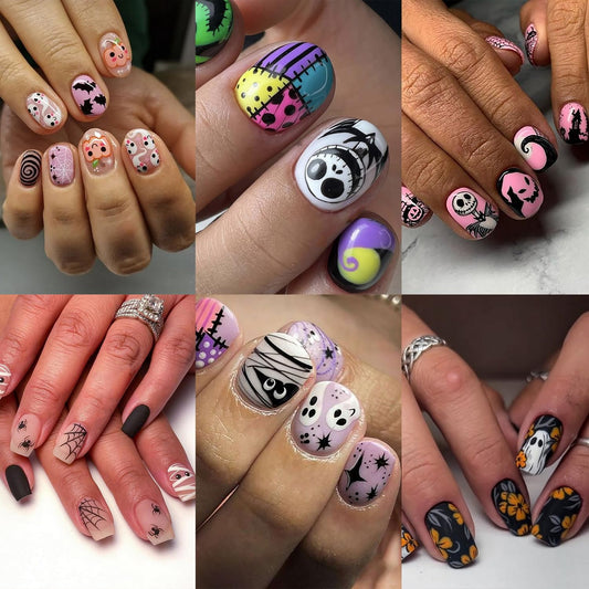 144 Pcs Halloween Press on Nails Kit Short Square Fake Nails 6 Styles Full Cover Little Ghost Skull Bats Pumpkin Halloween Nails Designs False Nails Glossy Artificial Nail Set for Women Manicure Decor