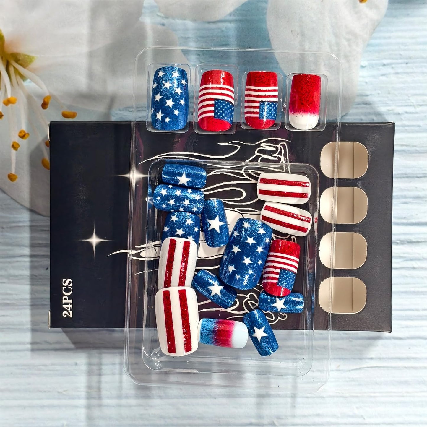 French Independence Day Press on Nails Medium Square Fake Nails Gradient US Flag Lines Stars Glitter 4th of July Stick on Nail Patriotism Glue on Artificial Fingernails for Women Festival Manicure