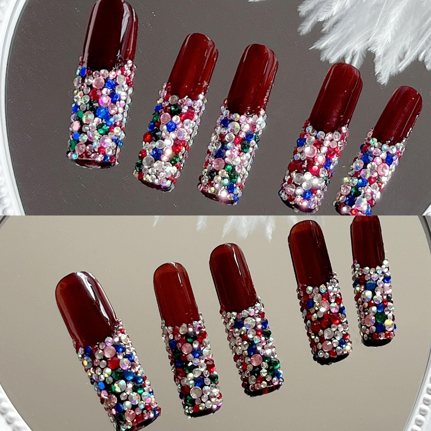 NAIL ANGEL 10PCS/SET Glamorous Handmade Press on nails Glitter Mixed Rhinestone French Long Coffin Nails Party Nails XXL Long Artifical Tips ZJ-04(S)