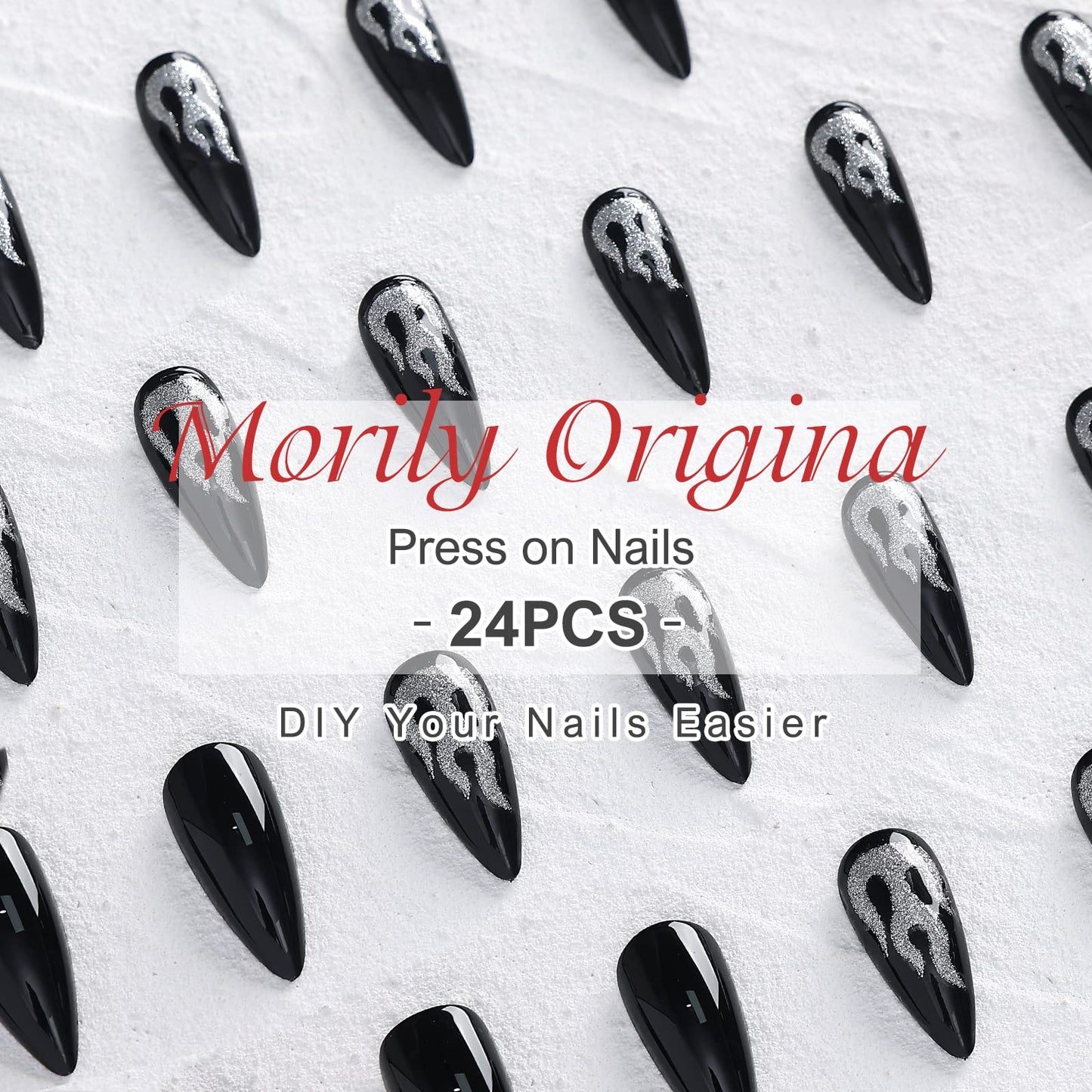 Morily Press-On Nails Bundle | Black Stiletto Matte & Black Stiletto Flame | 24Pcs Each Set, Medium Length Long False Fake Nails