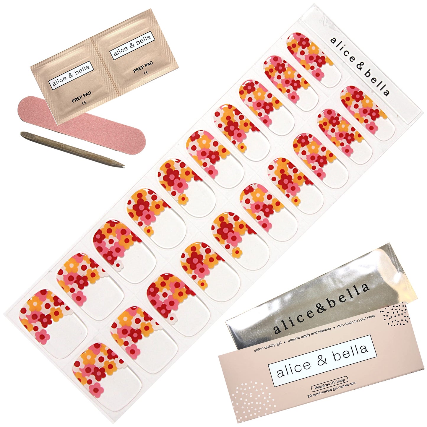ALICE & BELLA Semi Cured Gel Nail Strips-20 PCS Multi-Color Floral Pattern Nail Strengthening Gel Stickers, Use with UV Light Lamp, Salon Quality Manicure Wraps (French Floral Bouquet)