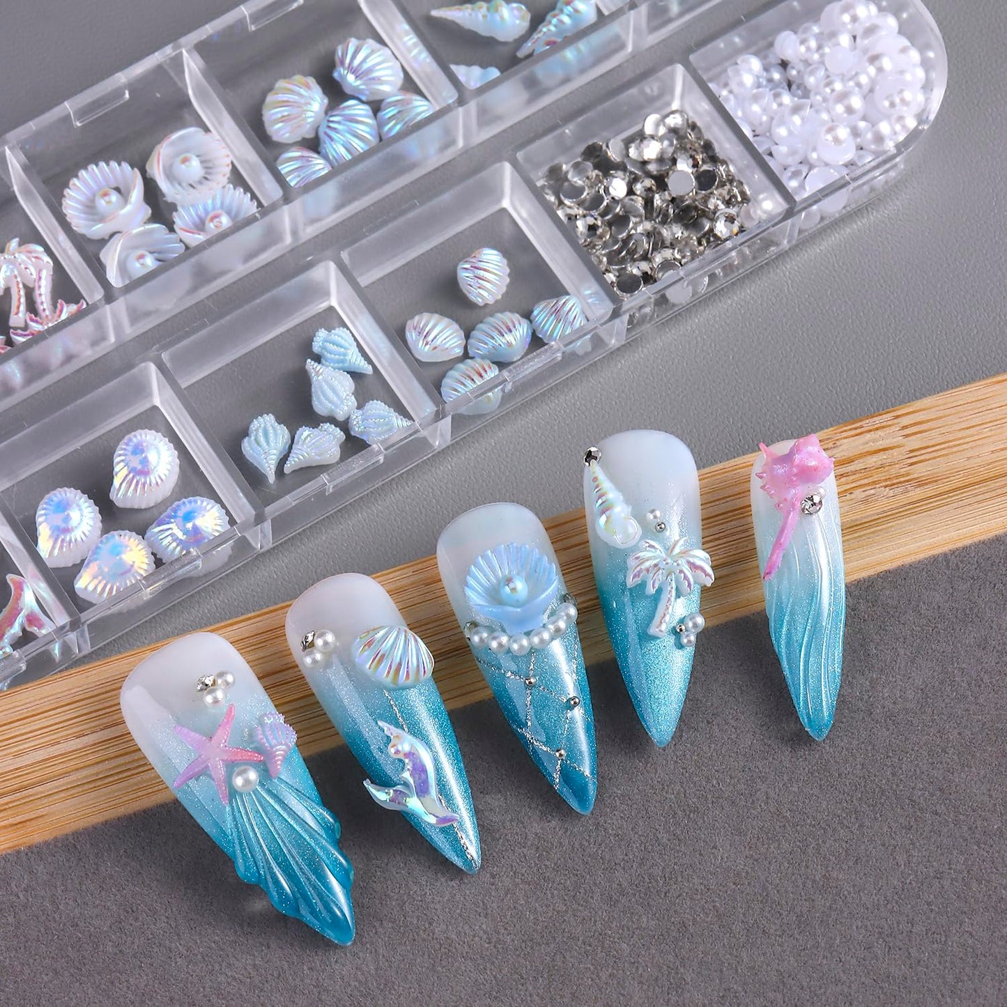 3D Summer Beach Resin Nail Charms, Aurora Shell Starfish Conch Fishtail Nail Decorations with Flatback Pearls and Rhinestones Gems for Nail Art DIY Crafts Manicure Jewel Accessories