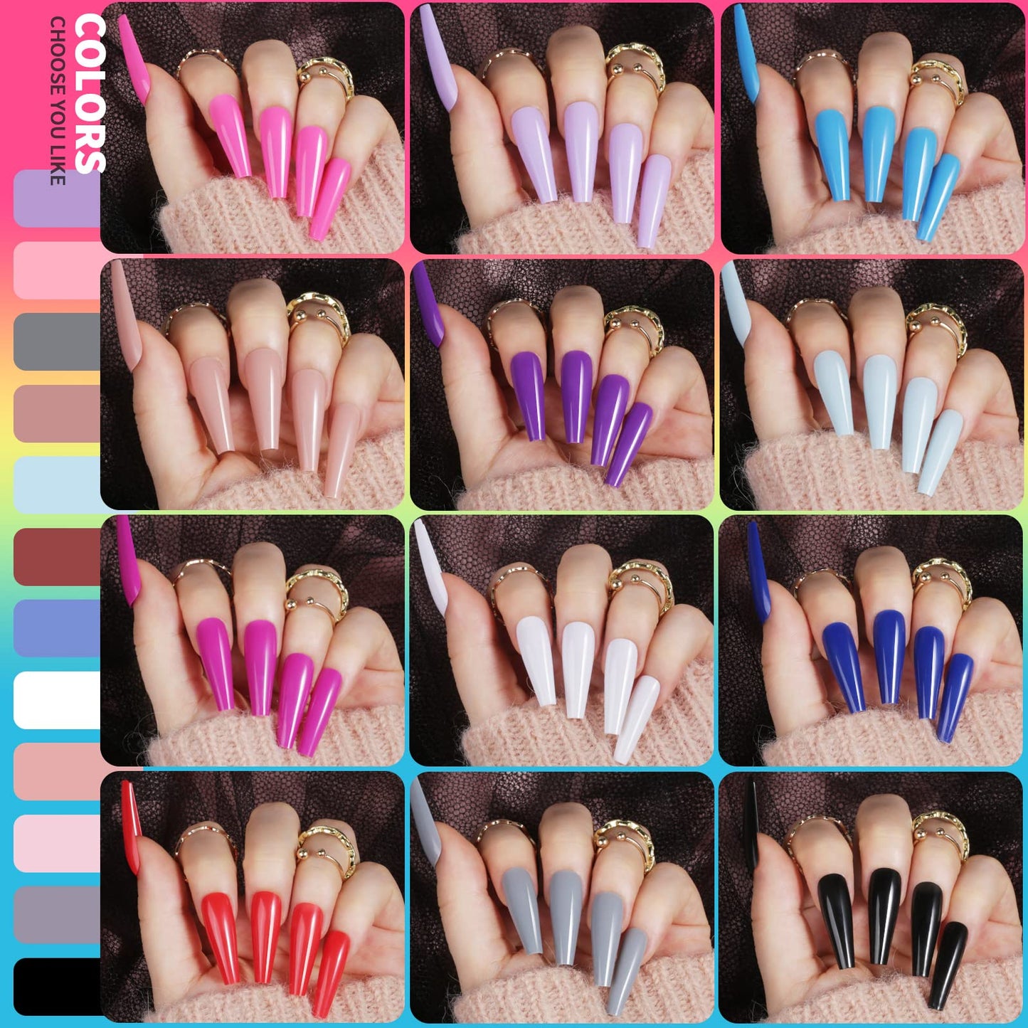 Teenitor Long Press On Nails Kit 24 Color Long Coffin Nail Tips Full Cover, 576pcs Long Coffin Press On Nails Fake Nails, Matte Nails Glue On Nails