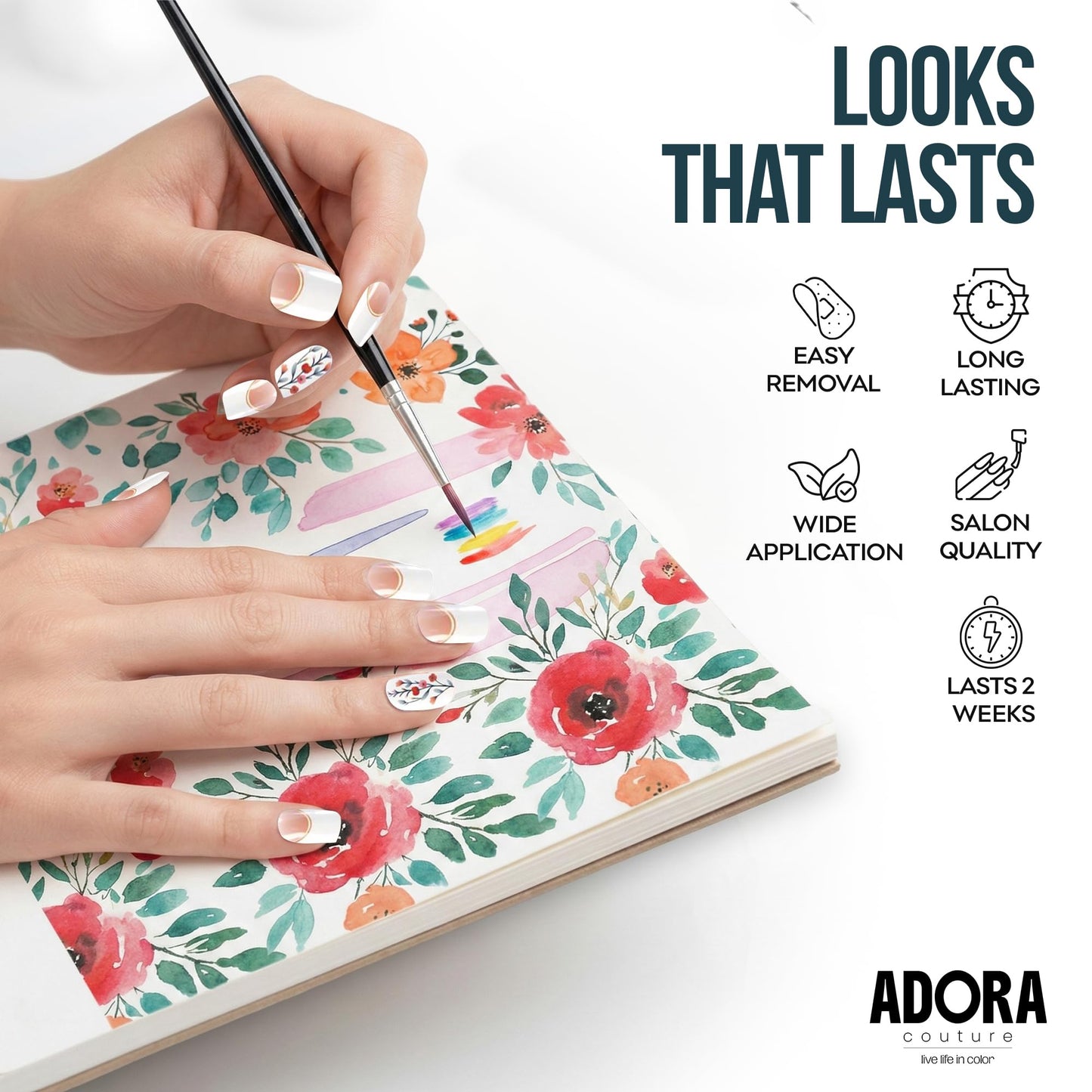 Adora Couture Semi Cured Gel Nail Strips with 30 Pieces - UV Gel Stickers, Manicure Kit, Easy Application Wraps Includes Prep Pads, Nail File, Wooden Stick - UV Light Required (White Botanical)