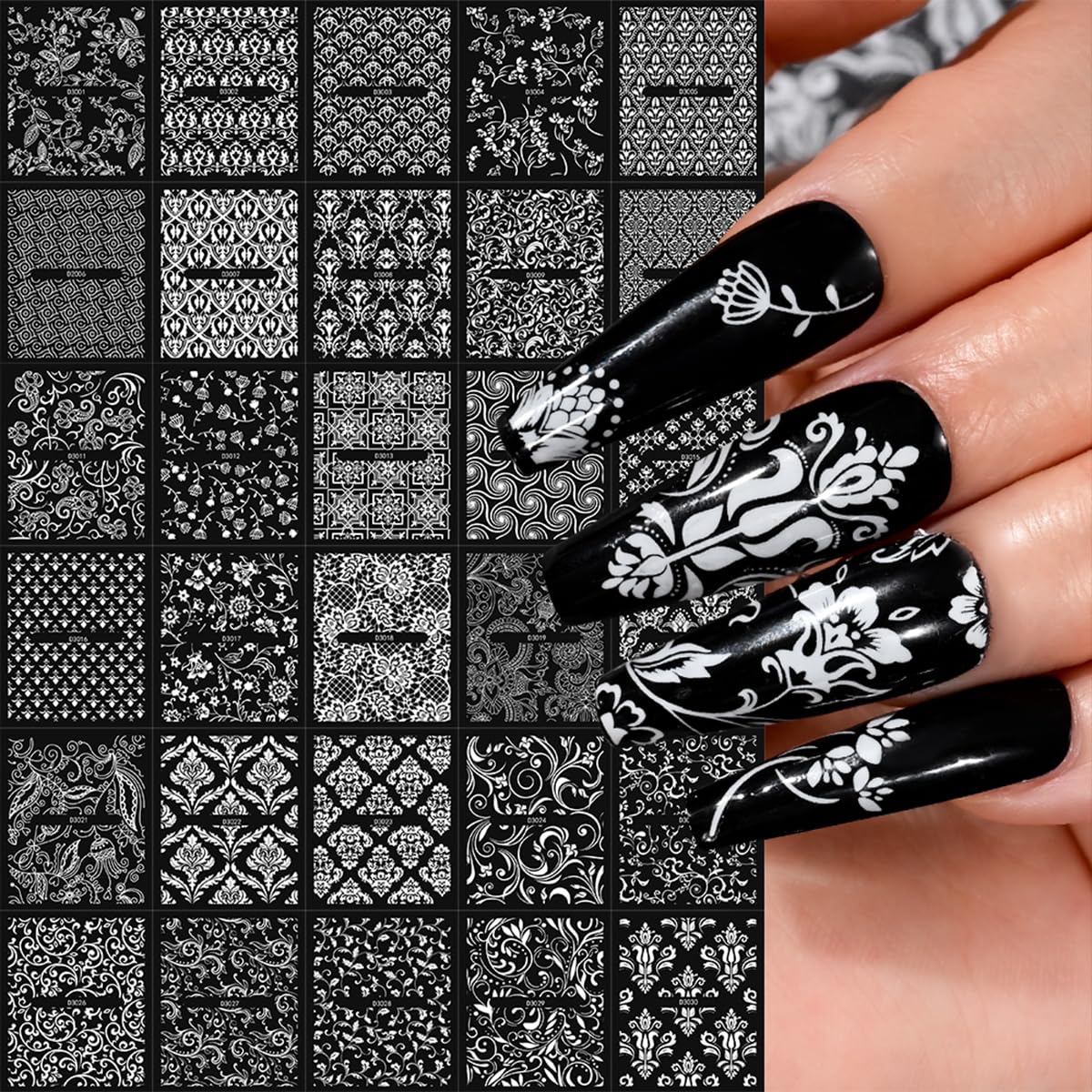 30 Sheets White Nail Art Stickers 3D Self Adhesive Lace Flower Nail Stickers Hallow Floral Nail Decals Spring Summer Nail Supplies for Women Nail Art Decoration Accessories
