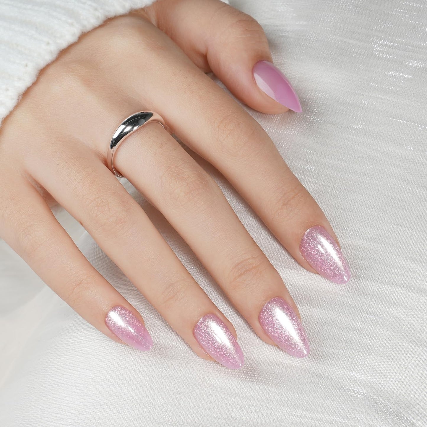 Pink Cat Eye Press On Nails Almond - Pink Short Almond Fake Nails, Cateye Press On Nails Reusable Stick On Nails in 16 Sizes, 32pcs False Nail Kit for Women & Girls (Petal Glow)