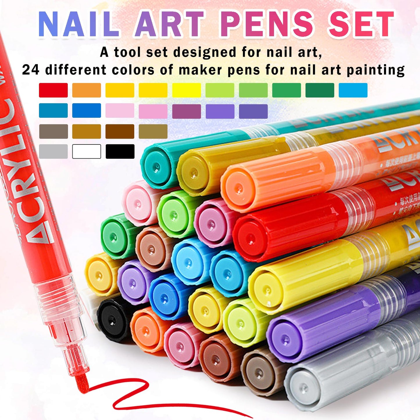 IONSGAKO 24 Colors Nail Art Pens Set, Nail Polish Pens Quick-Drying Acrylic Paint Markers Nail Art Drawing Painting Liner Pens Kit for Home DIY Nail Art Design Manicure Tools