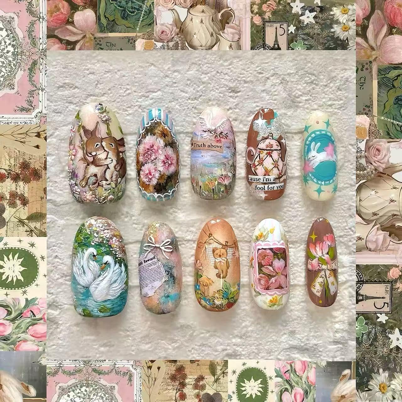 C.Z.Z.T.T.NAILS Fairytale Garden Press-On Nails, 24 Pieces Almond Shaped Artificial Nails with Swan and Floral Art Design, Reusable False Nail Tips in Pastel Colors