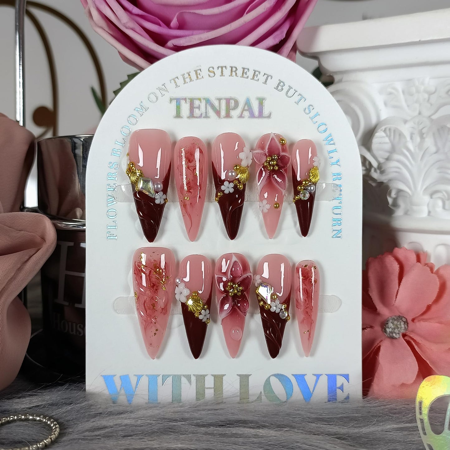 TENPAL Handmade Press on Nails Long Stiletto - Burgundy French Tips 3D Floral Embossed Glossy False Nails for Women Girls Fall Winter- Glossy Acrylic Y2K Nails for Parties Date Daily Wear(S)