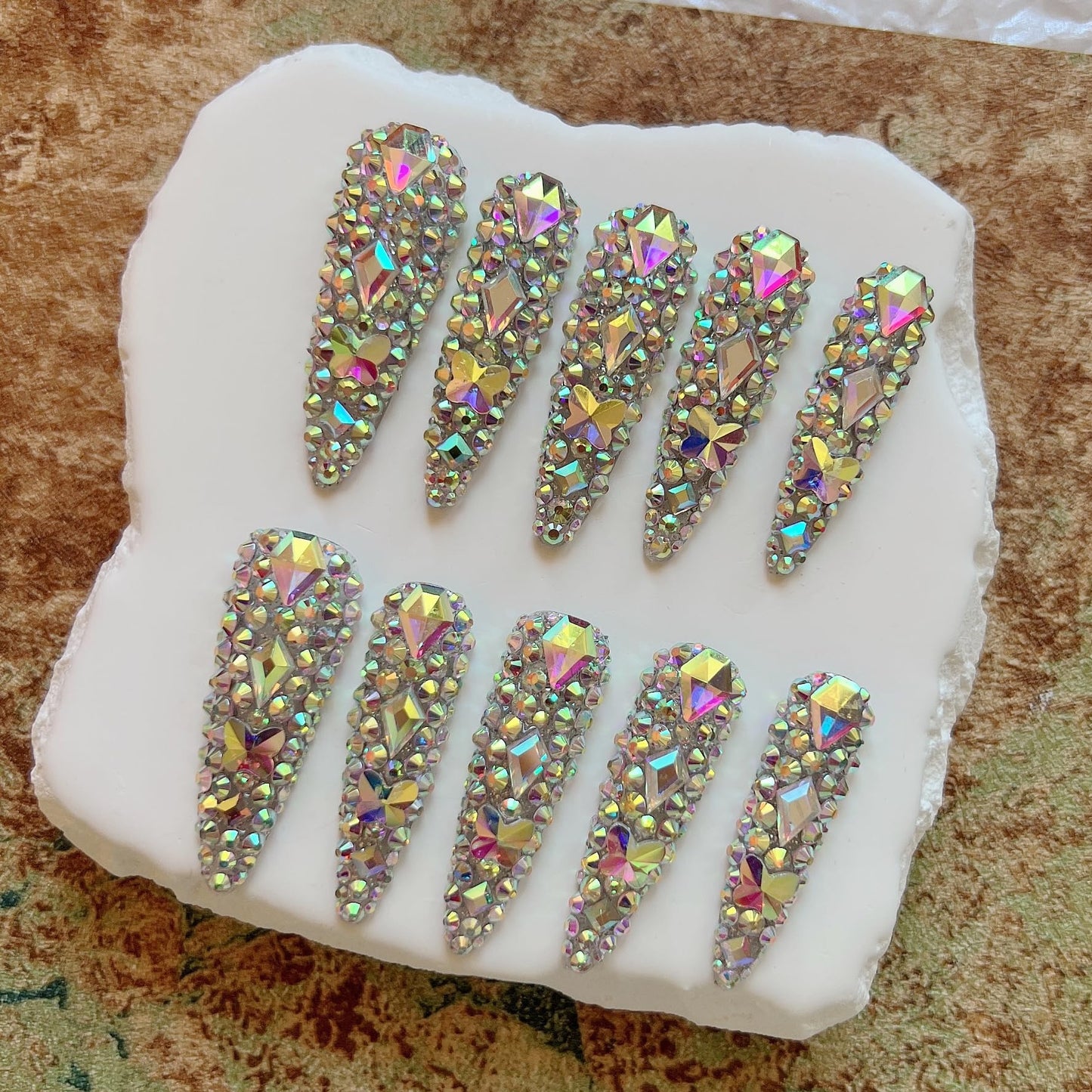 NAIL ANGEL 10PCS/SET Glamorous Handmade Press On Nails Full AB Rhinestones and Gems French Style Long Point Nails Party Nails XXL Artifical Tips ZJ21 (ZJ21, M)
