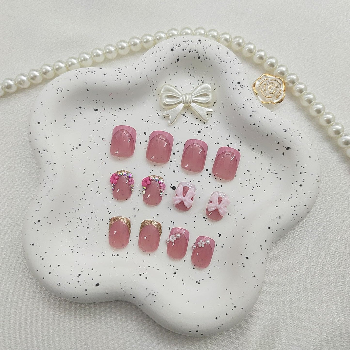 Spring Press on Nails Square Short Fake Nails with 3D Flower Rhinestones Bow Designs Pink White French Nails Press ons Glossy Glue on Nails Nude Acrylic Nails Glitter Stick on Nails for Women 24Pcs