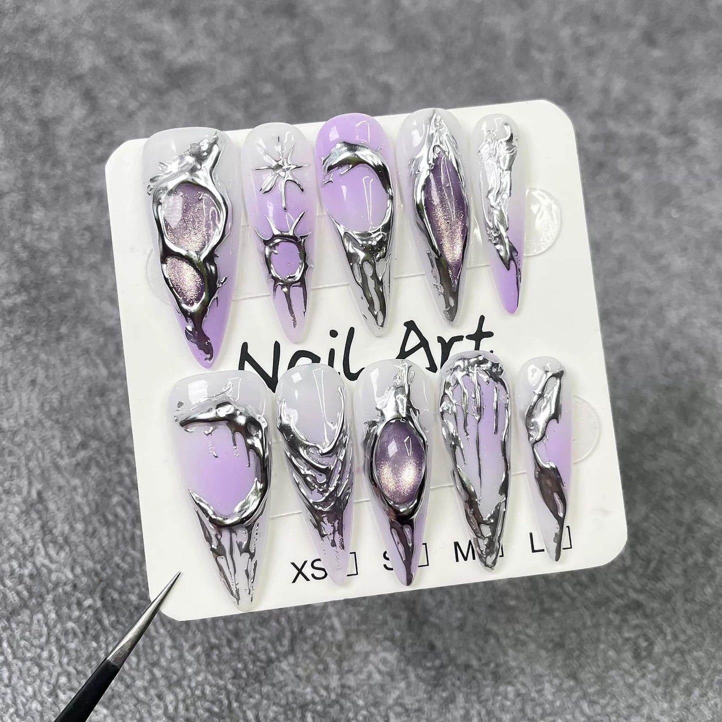 Purple Gradient Press on Nails Long - Handmade Press On Nails Almond Fake Nails with 3D Cat's Eye Designs False Nails Luxury Full Cover French Acrylic Stick on Nail for Women 10Pcs (Size M)