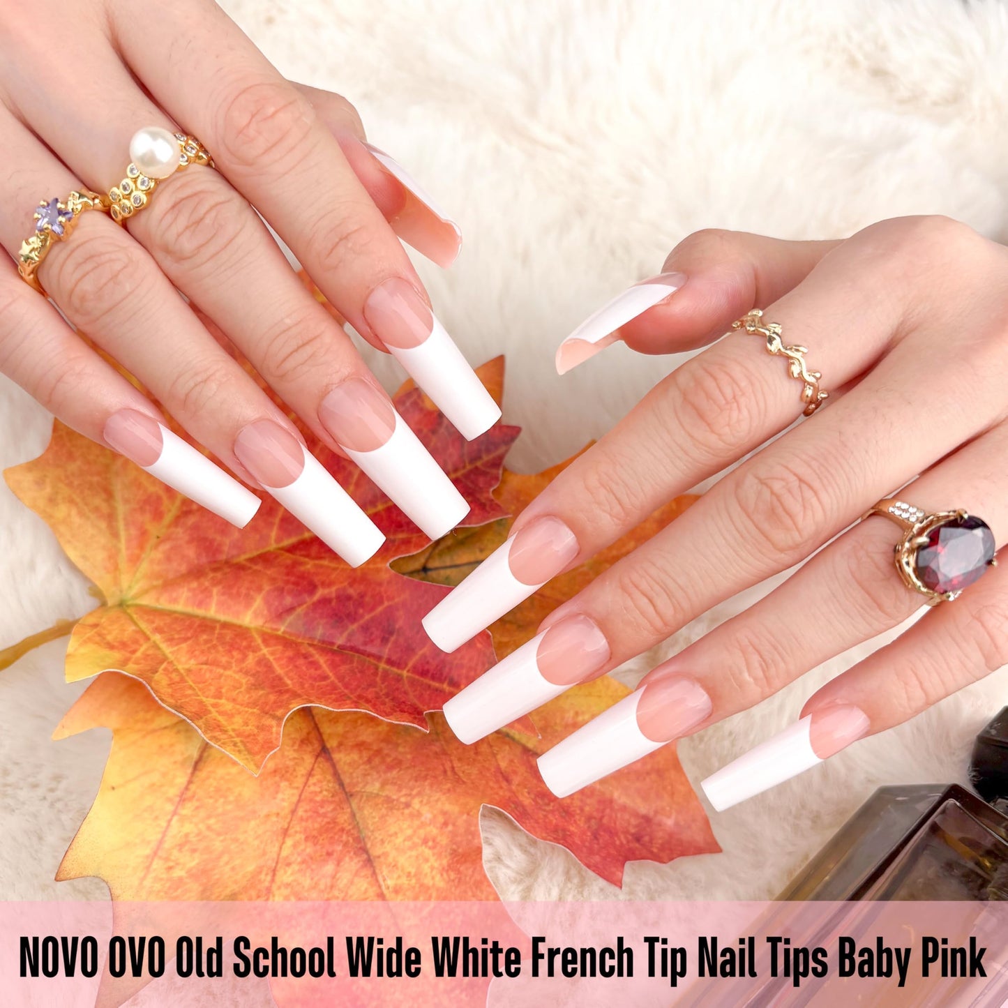 NOVO OVO Old School Wide White French Tip Nail Tips Press on, Long Tapered Square BABY PINK, Extra Thick Soft Gel Fake Acrylic Extension, Need Builder Gel Top Coat & Glue, 15 Sizes 240 pcs