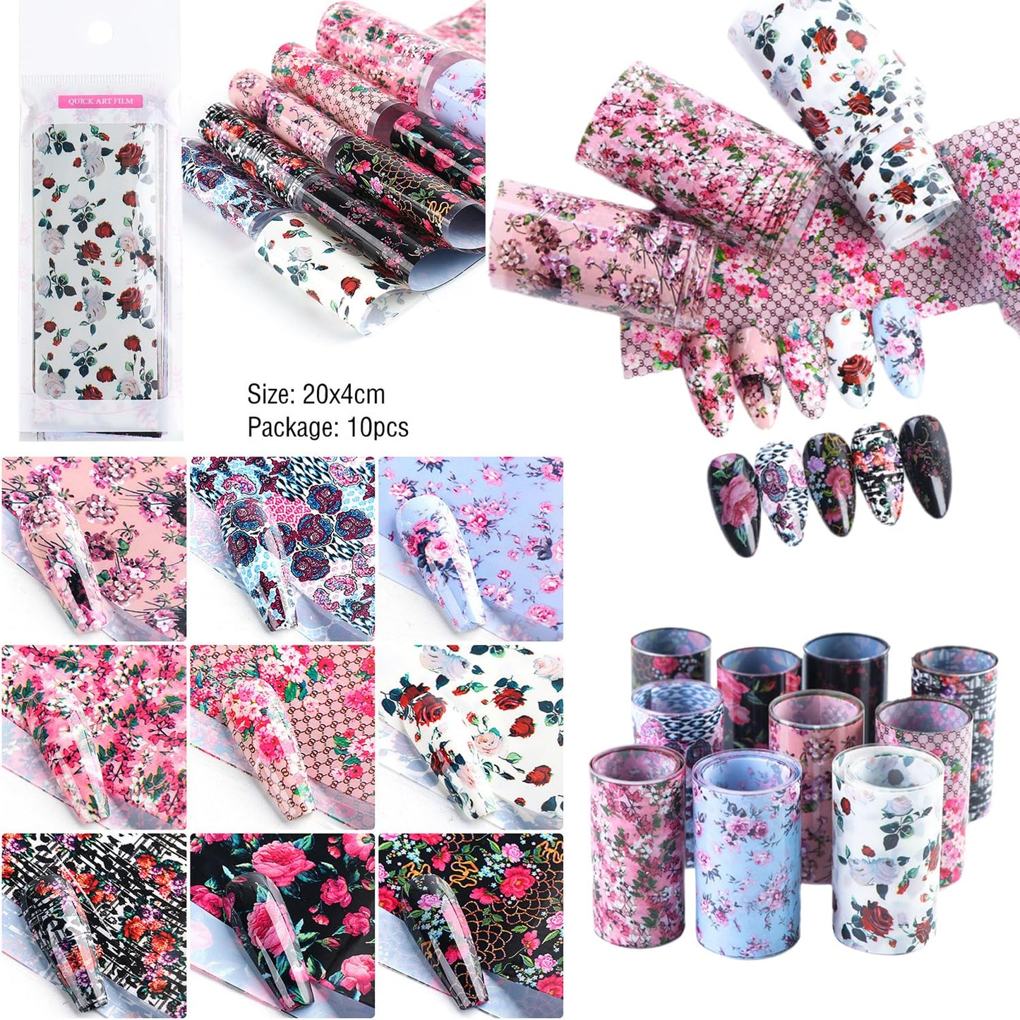 60 Pieces Nail Art Transfer Foils,Mixed Designs - White Black Lace, Flowers, Leopard Print, Marble, Snake Print Patterns, 1 Pcs Nail Art Engraving Pen Silicone Pen, 4 * 20cm