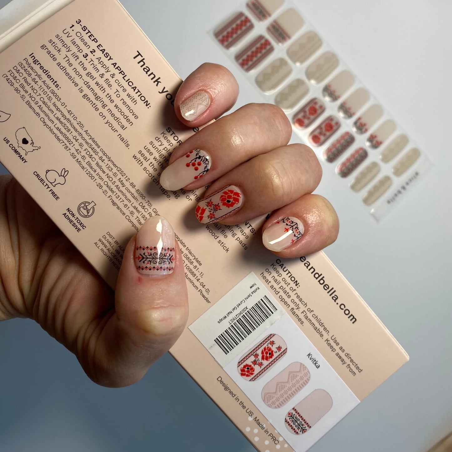 ALICE & BELLA Semi Cured Gel Nail Strips-20 PCS Christmas Tri-Color Cross Stiched Design Nail Strengthening Gel Stickers, Use with UV Light Lamp, Salon Quality Manicure Wraps (Kvitka)