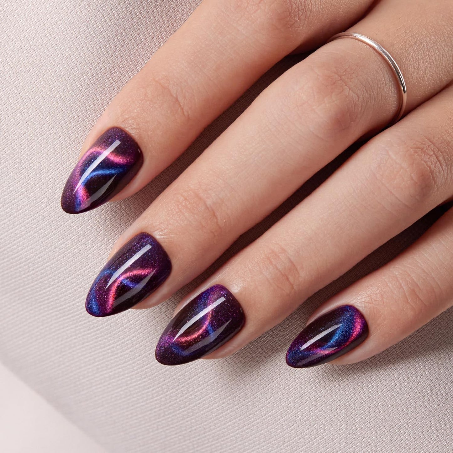 VSALON Press On Nails Short Almond, Red Cat Eye Press On & Purple Blue Ribbon Cat Eye Fake Nails Reuasble Glue on Nails For Women