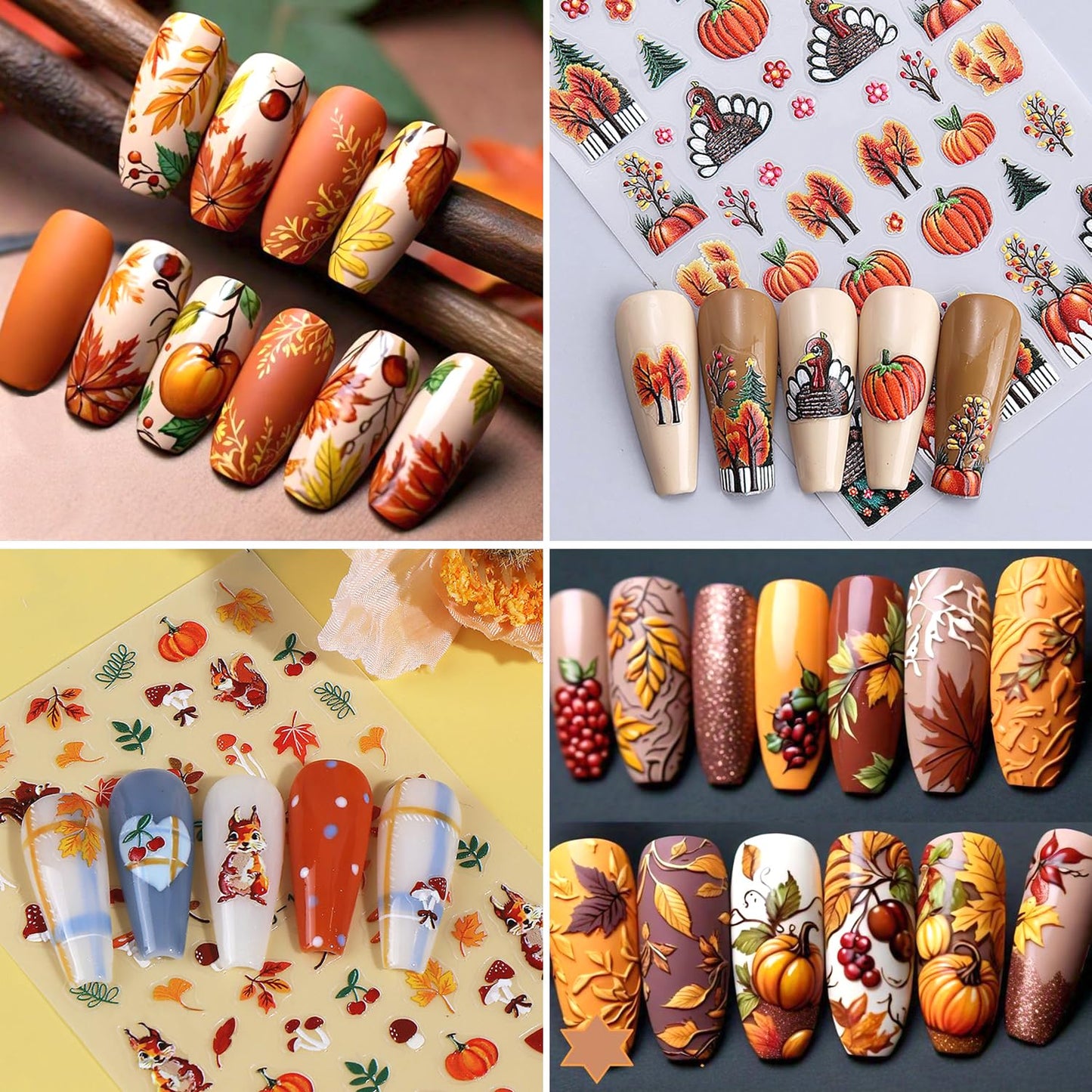 2Sheets Thanksgiving Nail Art Stickers 5D Embossed Squirrel Maple Leaf Nail Decals Self-Adhesive Turkey Pumpkin Designs Nail Sticker Fall Leaves Mushroom Nail Decal for Women DIY Manicure Decoration