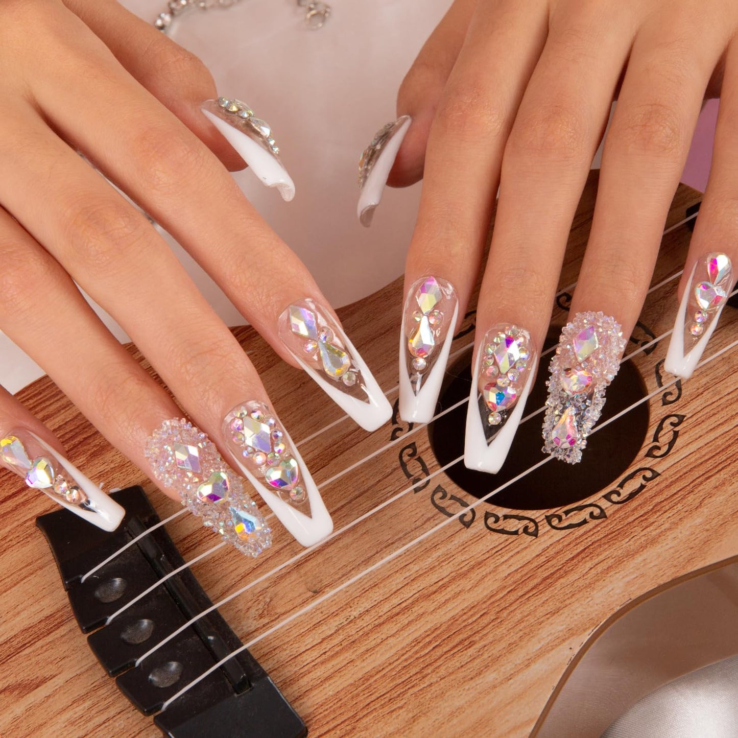LOVFUL Press on Nails Aurora Light | Handmade with Full Covered Crystals | Reusable Fake Nails | Coffin Classic Regular 1.3 in | H36-M