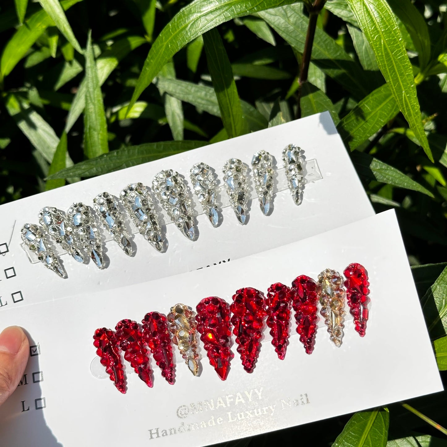 MNAFAYY Luxury Gems 100% Handmade Nails Long Stiletto Press On Nails Full Cover 3D Rhinestone Crystal Gorgeous Reusable UV Finished Fake False Nails Acrylic Nail Kit With Box Gifts for Women Red