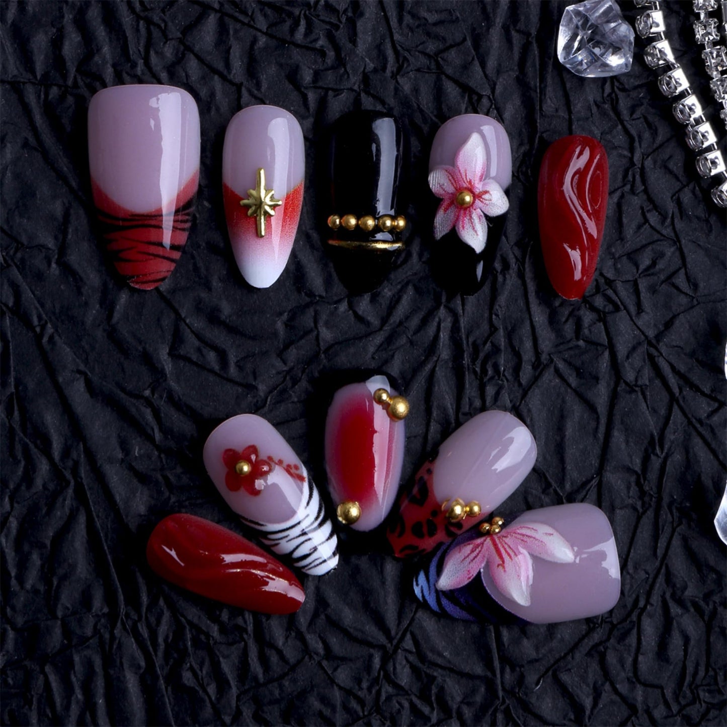 SEENEEY Almond Press on Nails Long Fake Nails Red Artificial Nail Black French Pink Floral and Gold Charm Designs Cute Stick on Nail for Women 24pcs