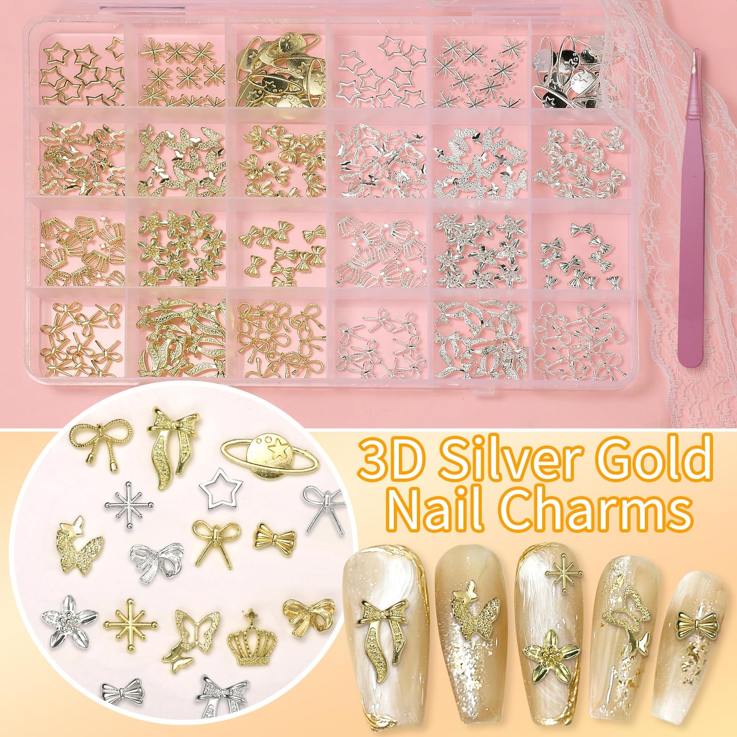 240 Pcs Gold Silver Nail Charms Kit, 3D Crown Bows Cross Metal Nail Charms, Planet Star Dollar Alloy Nail Gold Charms Butterfly Nail Art Charms for Acrylic DIY Nails Designs