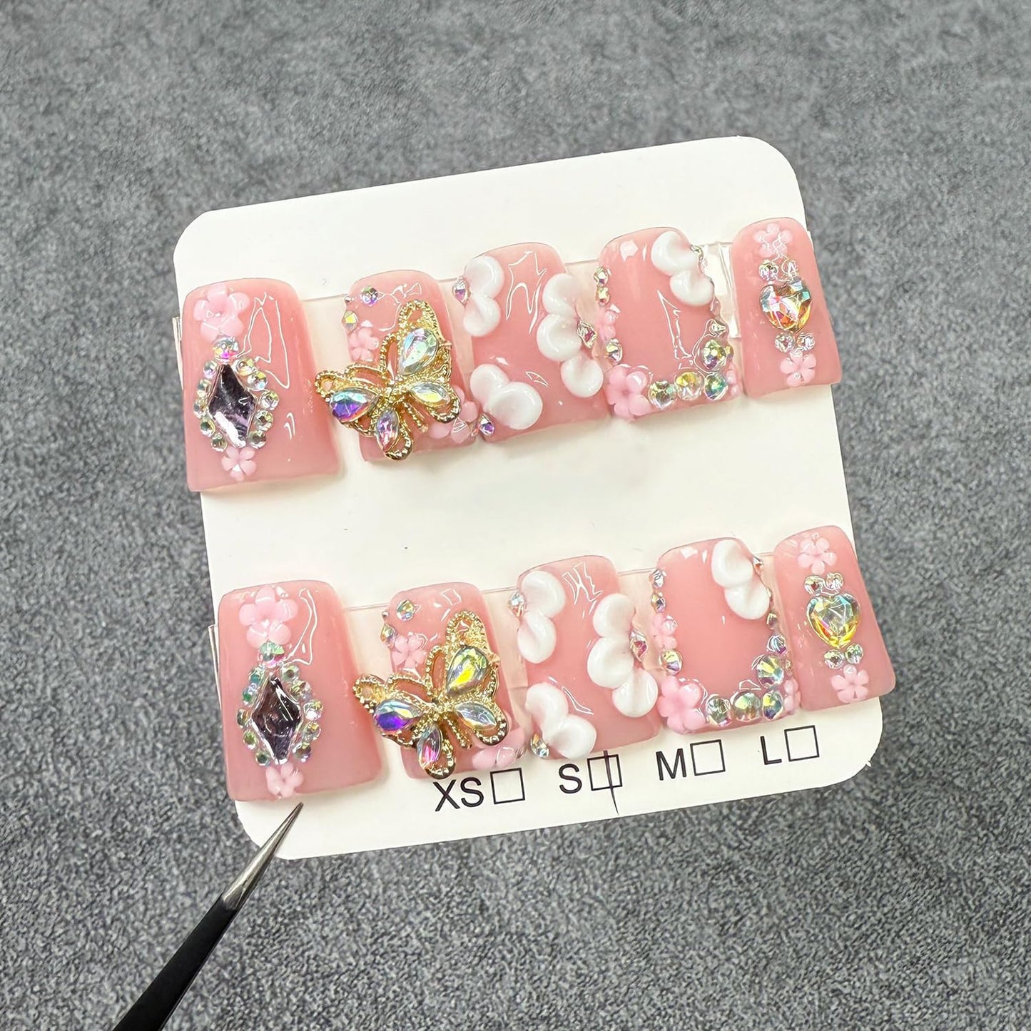 10 Pcs Handmade Press on Nails Duck Medium False Nails with Glue,3D Butterfly Luxury Heart Rhinestone Pattern Design Fake Nails Full Cover Artificial Acrylic Nude Pink Glue on Nail for Women（Size S）
