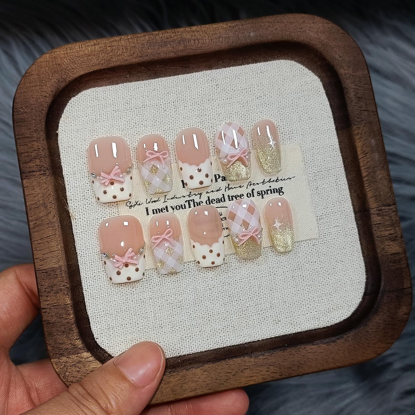 TENPAL 10Pcs Y2K Short Medium Coffin Press On Nails With Tools Kit,Light Pink Cat Eye French Fake Nails with Dot Bow Plaid Pattern,K-Beauty Acrylic Glue on Nails for Wedding Party Daily Wear(L)