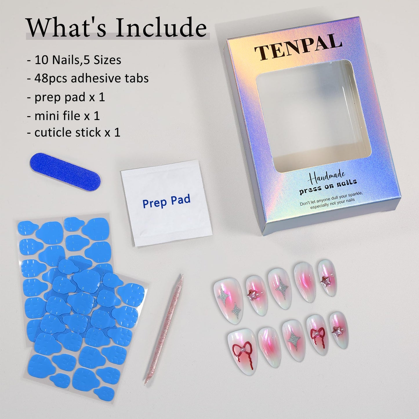 TENPAL Handmade Press On Nails Almond-Aurora Pink Acrylic Soft Gel Finished Reusable Fake Nails,Y2k Sweet Cool Glue On Nails With 3D Star Bow Charms 10pcs/Box Manicure Kit Sets (L)