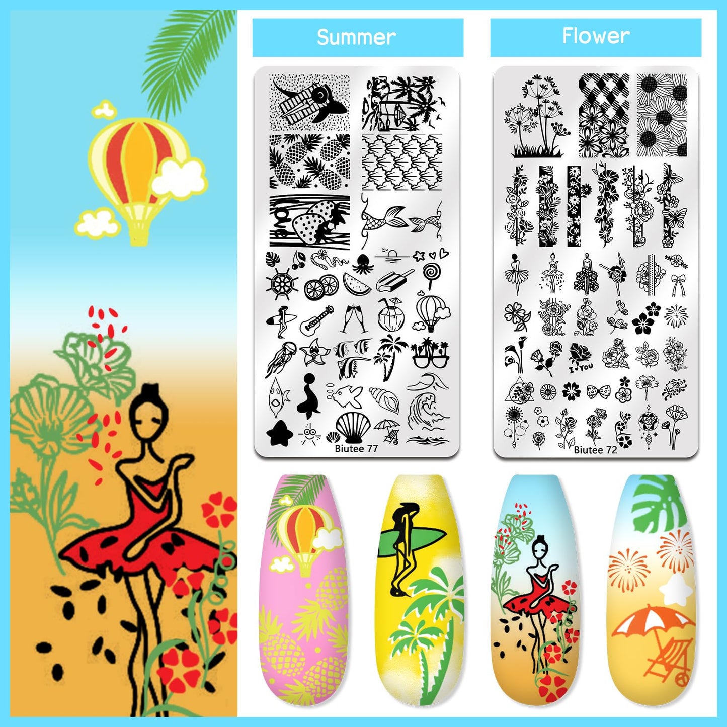 Biutee Nail Stamper Kit 22Pcs Gel Nail Stamping Kit 12Pcs Nail Stamping Plates 8Pcs Stamping Polish Gel, Silicone Stamper Scraper Flower Lace Star Stripe Holiday Stamp Template Gift for Women