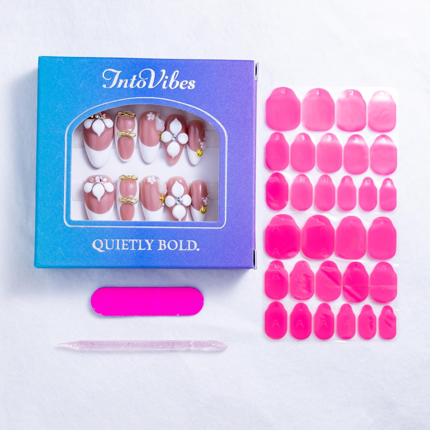 IntoVibes 10 Pieces Handmade Press On Nails Medium Almond, White Thickened French False Nails, 3D Flowers And Sea Shells, Reusable Fake Nails Almond, Reusable Acrylic Nails (M)