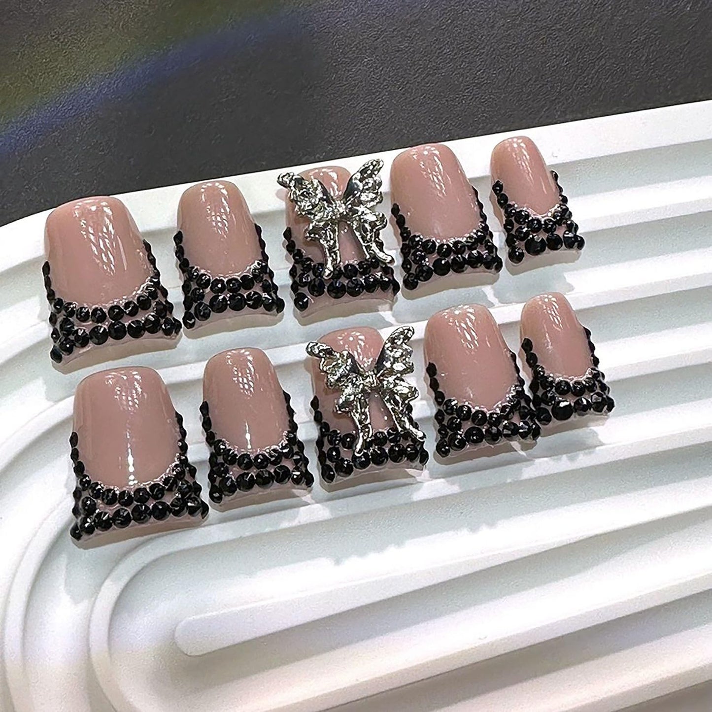 Qicaijia 10Pcs Handmade Press on Nails Medium Fake Nails Duck French Tip Nails Press Ons Sparkly Artificial Acrylic Black Rhinestone and Butterfly Design Reusable Stick on Nail for Women (Size M)