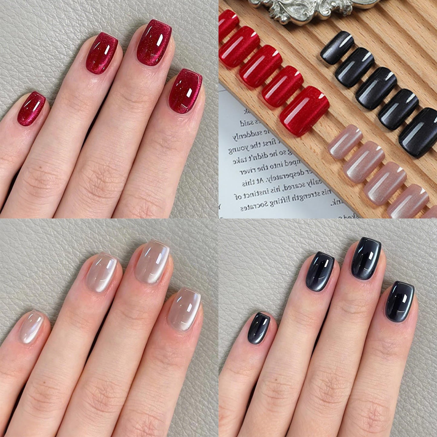 3Packs 72Pcs Square Press on Nails Short Cat Eye Fake Nails Glossy Glitter Acrylic Nails Black Red Pink Gel Glue on False Nails Press ons Manicure Kit for Women Girls 12 Sizes
