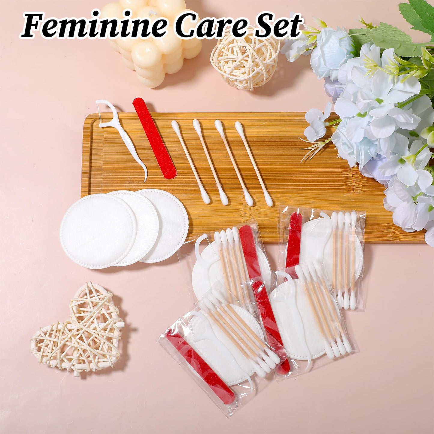 100 Pack Wedding Bathroom Basket Supplies Essentials for Guests - Travel Cleaning Kit for Hotels with Bamboo Cotton Swabs, Nail File, Makeup Pads, Dental Floss