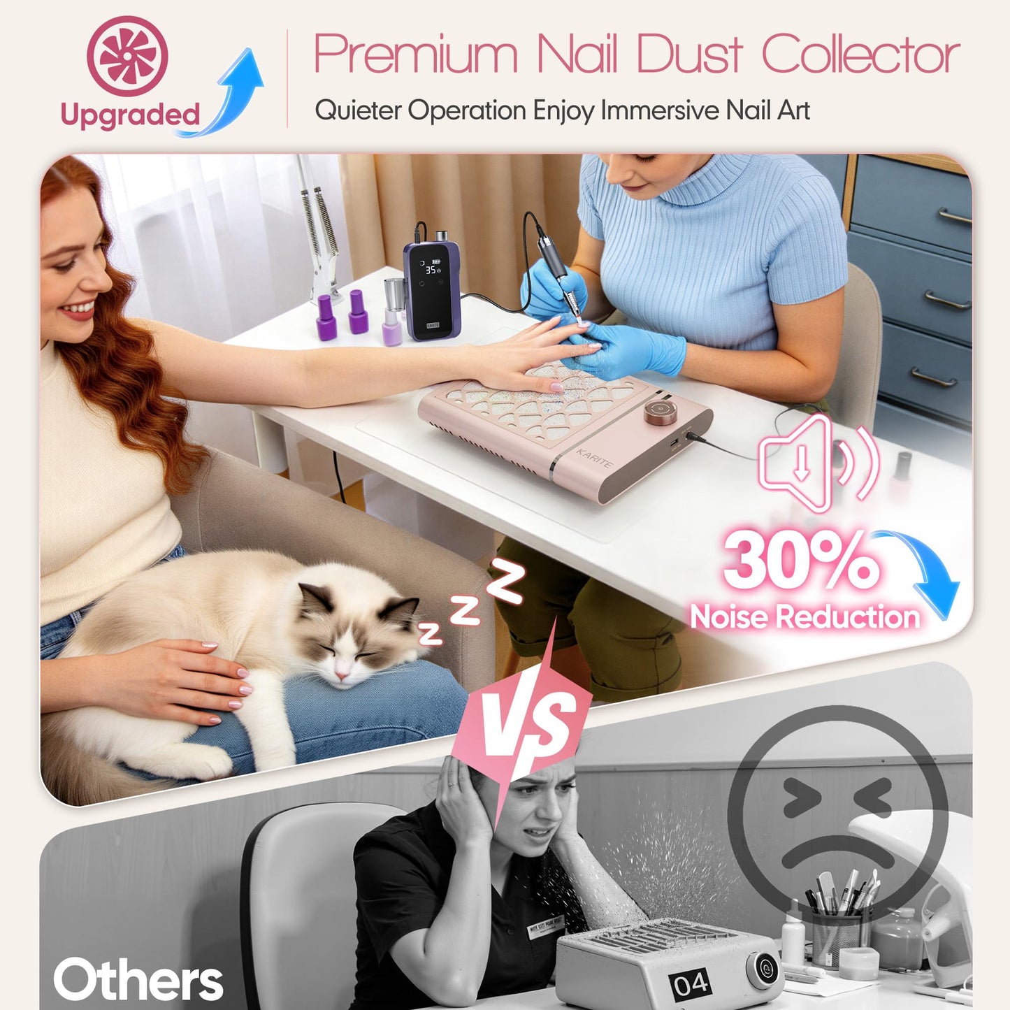 Karite Nail Dust Collector, Upgrade Vacuum Dust Collector with 30pcs Papers, 5000RPM Power Suction, 6000mAh Rechargeable Dust Collector Nail Tech, Cordless for Easy Use and Cleaning（Sakura Pink）