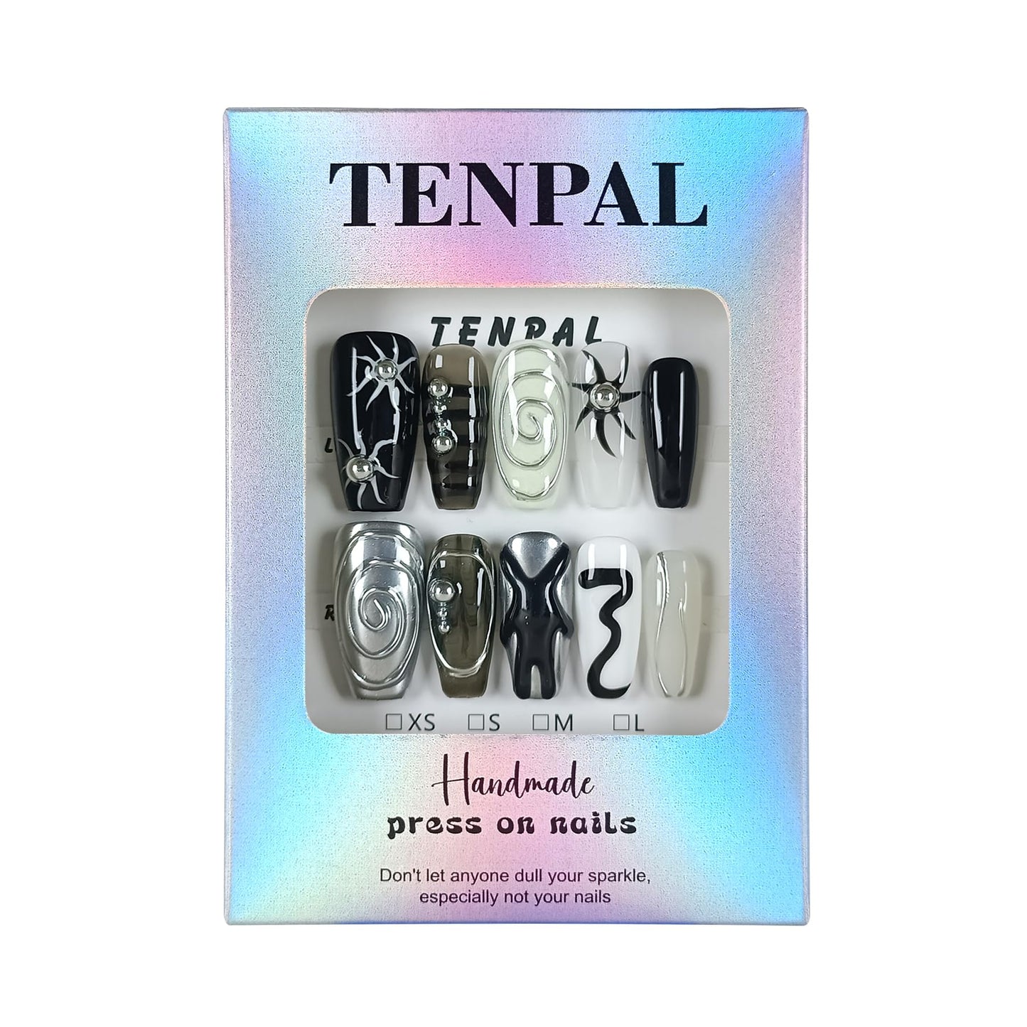 TENPAL Dark Silver Gothic Press on Nails Long Coffin Shape 3D Embossed Sun Design Fake Nails Hand Painted Art for Women Fall Winter Ins Style(XS)