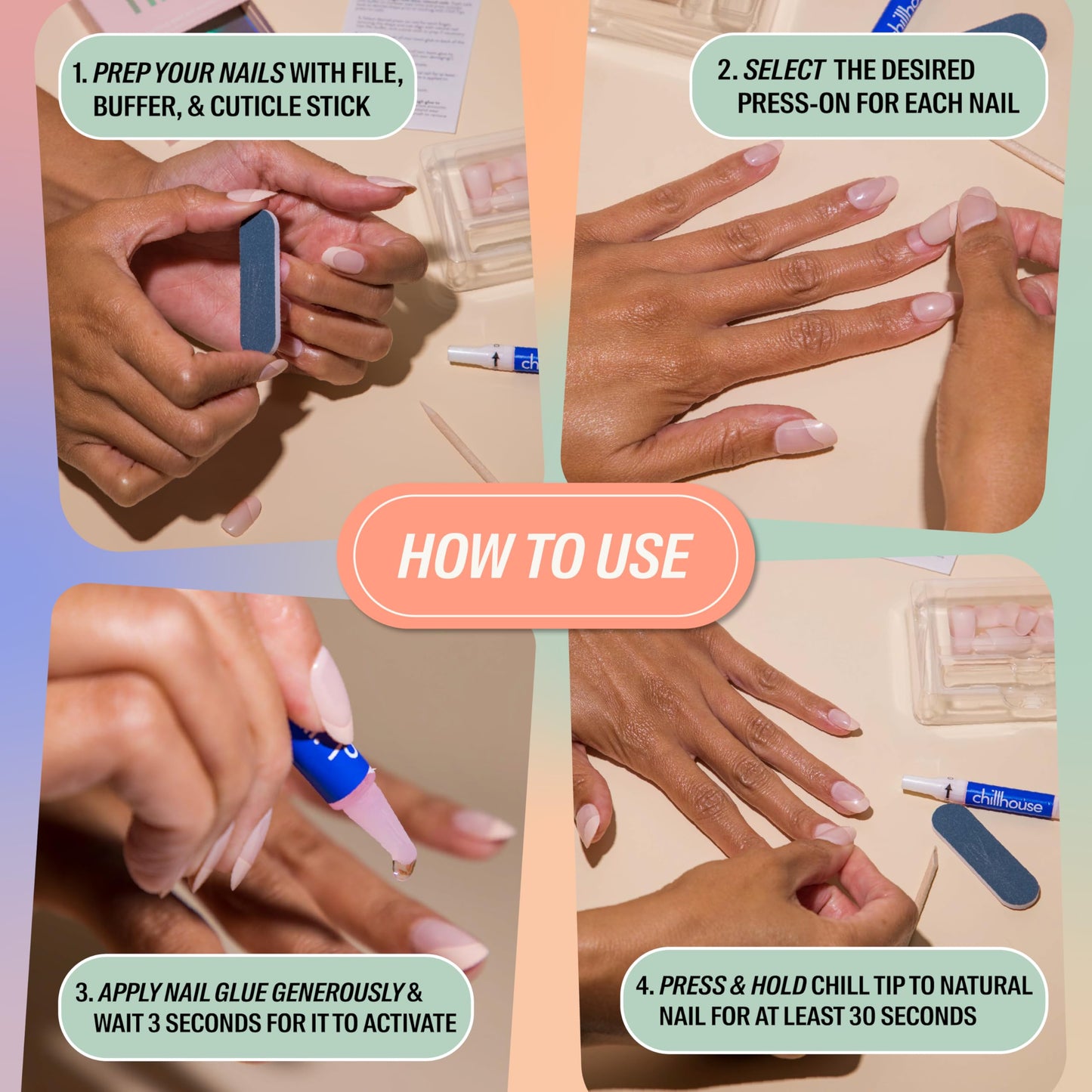Chillhouse Chill Tips Signatures Press On Nails Kit, Better Than Chocolate - 30 Nail Shapes & Sizes, Dual-Sided Buffer & File, Cuticle Stick & Glue - Long-Lasting Nail Art Manicures