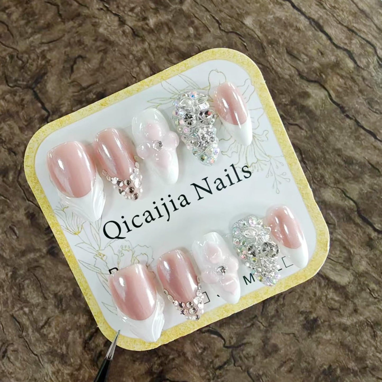 Handmade Press on Nails Short - Luxury White French Tip Fake Nails Almond Nails Press ons with Sparkly Rhinestones Designs Acrylic Nail 3D Flower Stick on Nail for Women 10Pcs (Size M)