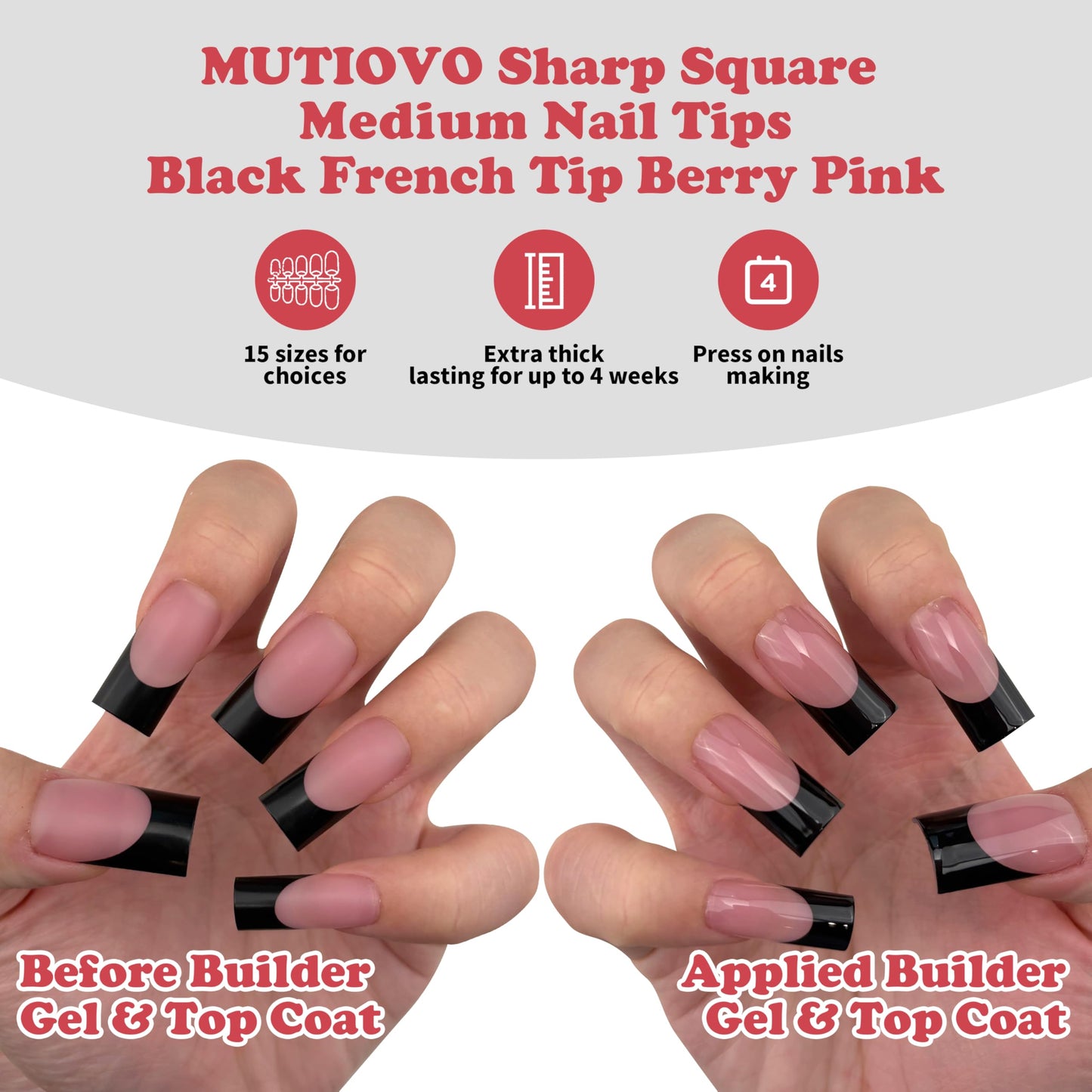 MUTIOVO Black French Tip Medium Straight Square Nail Tips Press on, BERRY PINK Extra Thick Soft Gel Nail Extension, Full Cover False Nails, NEED Builder Glue Gel & Top Coat, for DIY x 15 Sizes 180 pcs