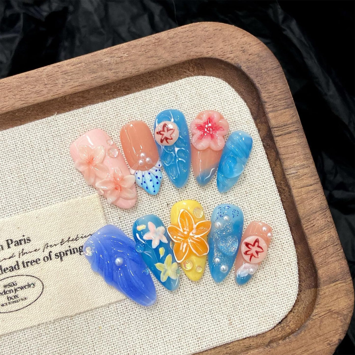 Handmade Press on Nails Medium Almond Fake Nails Summer Sea 3D Luxury Cute Flower Full Cover Stick on Nails Floral Glue on Nails for Women Girls (Blue Ocean M)
