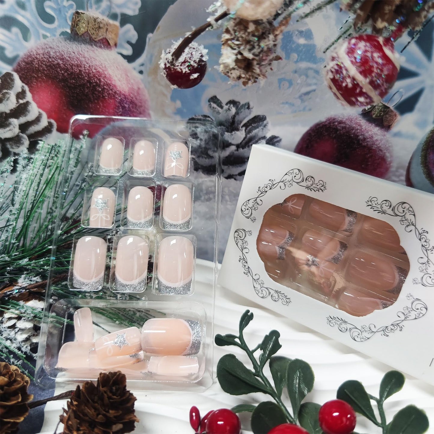 Christmas Medium Square False Nails 24Pcs Sparkly Stars Press on Nails French Tips Gel Glue on Nail New Year Stick on Fingernails Glossy Silver Glitter Acrylic Fake Nail for Women Xmas Gift