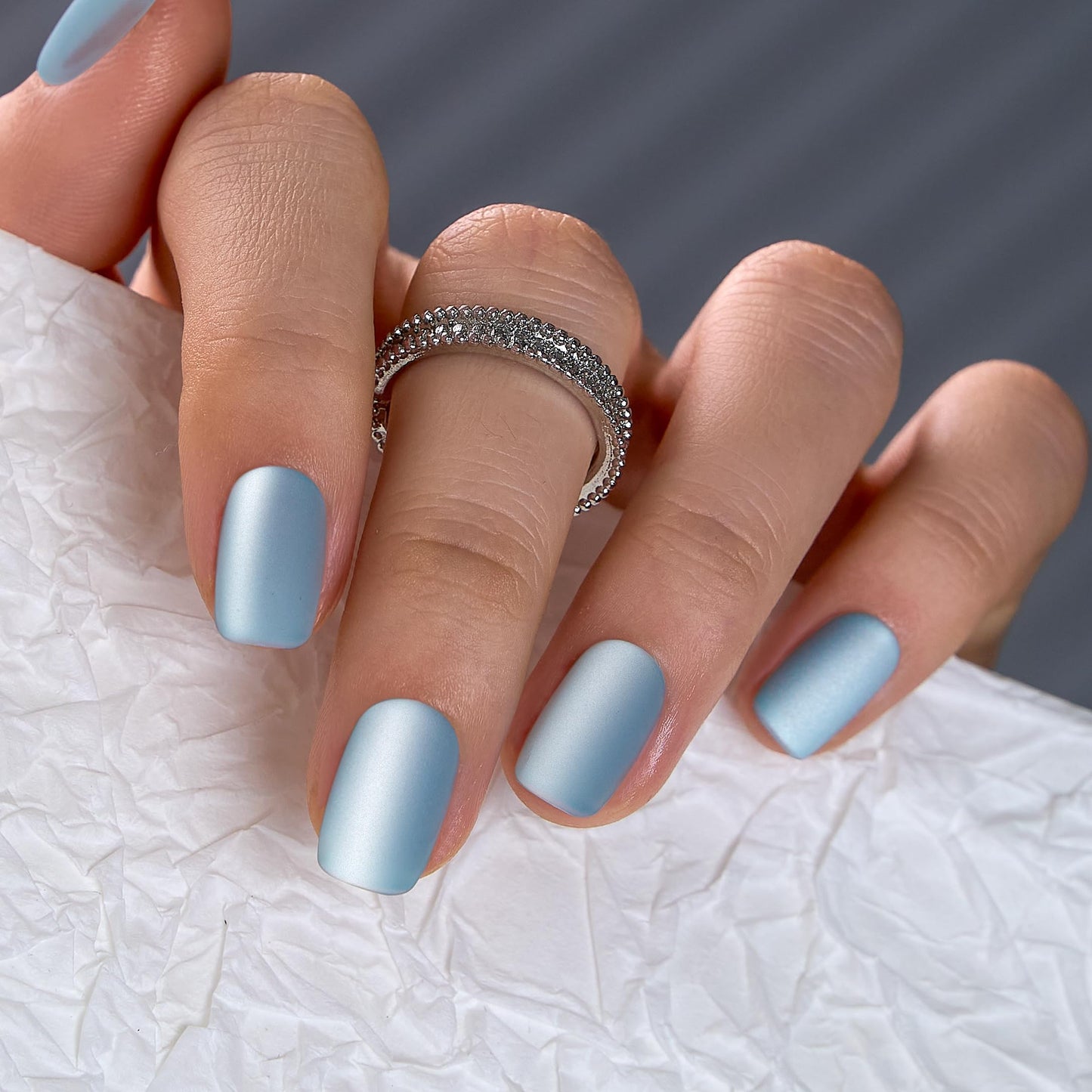 CurvLife Press On Nails Short Square Frost Veil Matte Blue Cat Eye, Soft Gel Fake Nails, Reusable Salon Look Manicure for Women Teens Beginners, 30pcs, Daily Wear Work Party
