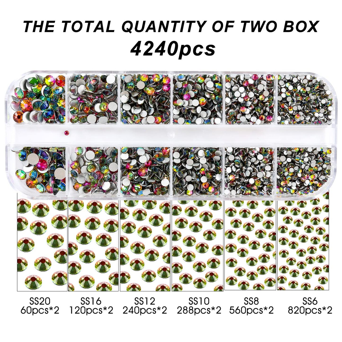 Meibite Rainbow Glass Flatback Rhinestones for Nails, Crafts & Clothes – 4240PCS 6 Sizes (SS6–SS20) Crystal Gems Kit with Tweezers & Picker, Non Hotfix DIY Rhinestones for Tumblers, Shoes, Nail Art