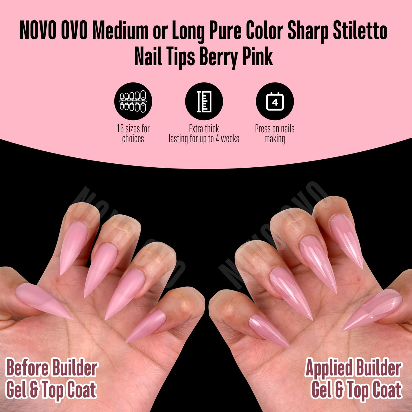 NOVO OVO Medium Long Stiletto Nail Tips Berry Pink (224Pcs) - Pre-designed Soft Gel Full Cover False Nails, Sharp Pointed Acrylic Press on Extension, DIY Salon Manicure (16 Sizes)