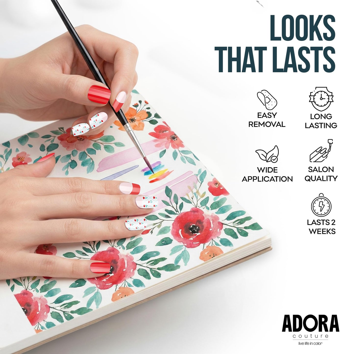 Adora Couture Semi Cured Gel Nail Strips with 30 Pieces - UV Gel Stickers, Manicure Kit, Easy Application Wraps Includes Prep Pads, Nail File, Wooden Stick - UV Light Required (Red Rose Edit)