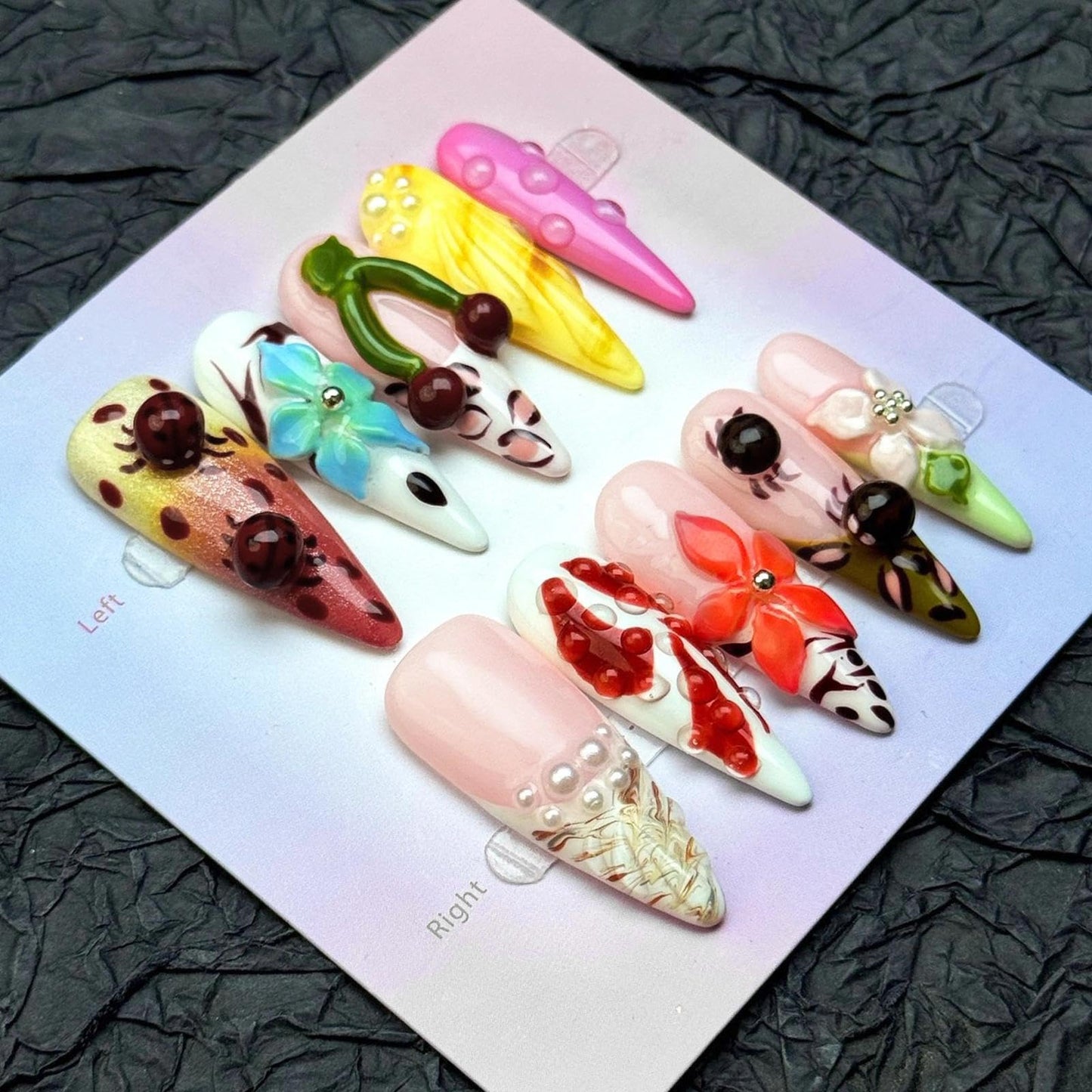 Handmade 3D Sweet Retro 3D Floral Stiletto Press On Nails, Playful Colorful Rhinestone Artisan Nails Set, Reusable Glossy Press-ons with Tool Kit(M)