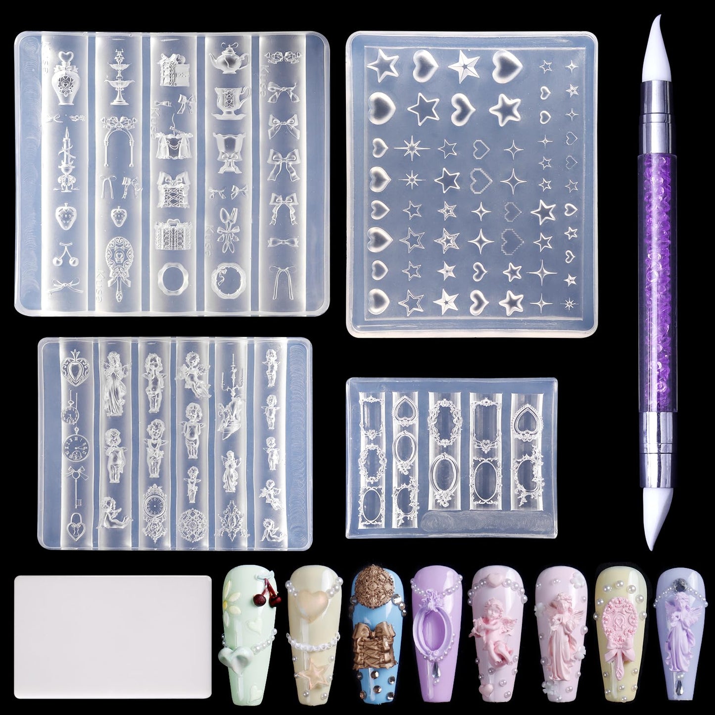 Laza 4pcs Silicone Nail Art Molds, 3D Virgin Mary, Mirror Frame, Heart, Bowknot Exquisite Silicone Y2K Nail Accessories with Carving Pen Resin Nail Art Mold Manicure Tools for DIY Salon Nail Design