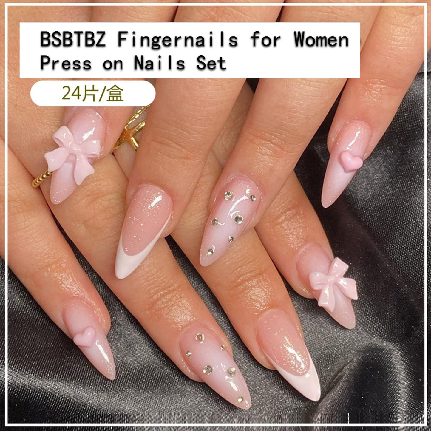 24Pcs French Tip Press on Nails Medium Almond Fake Nails French Heart Nails Press ons 3D Bow Charms Cute Design Manicure Rhinestone Bows False Nails Stick on Nails for Women