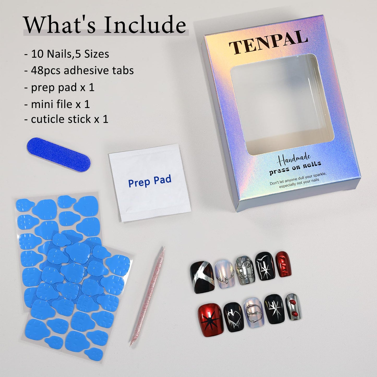 TENPAL Gothic Press On Nails With Tools,Y2K Spider Web Embossed Short Square Glossy Chrome Glue on Nails,Dark Sweet Cool Acrylic Fake Nails,Silver White Red Metal Artificial False Nails 10Pcs(XS)